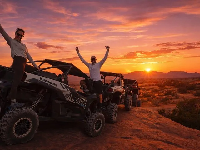 Menschen feuern UTVs bei einem Sonnenuntergang auf Hell's Revenge an.